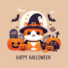 Yellow cat halloween background with pumpkin and bats