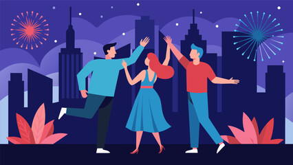 As the city comes alive with fireworks two couples share a dance in front of the iconic skyline their spirits full of American pride.. Vector illustration