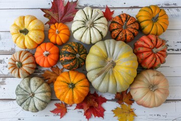 Colorful Assortment of Autumn Pumpkins and Leaves on Wooden Background