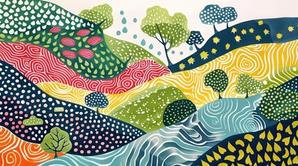 Naklejka premium Abstract landscape illustration with hills, trees, and flowing water. Colorful and whimsical nature-inspired design. Artistic pattern for wallpaper, textile, and print