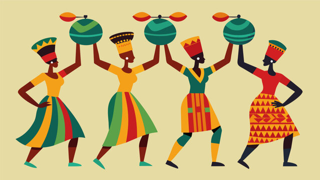 A quartet of performers dressed in colorful kente cloth skillfully balancing pots on their heads while exeing the intricate Adowa dance.. Vector illustration