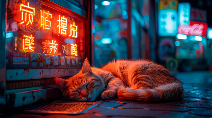 a vintage gas station at night with a sleeping orange cat.