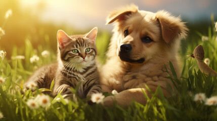 golden retriever dog  and cat on grass in sunlight background