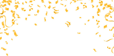 Gold confetti and ribbons on transparent background. Vector illustration.