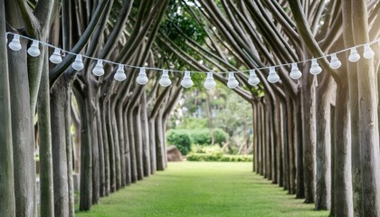 Party lights hanging on trees in garden background