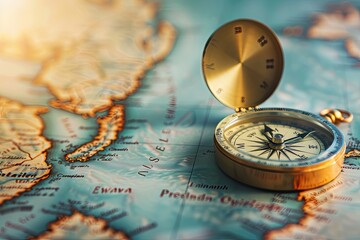 A classic brass compass rests on an intricately detailed antique world map, symbolizing exploration...