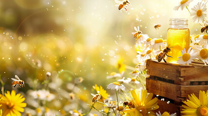 honey in jar on beehive with bees flying around chamomile flower garden in summer time with copy space.