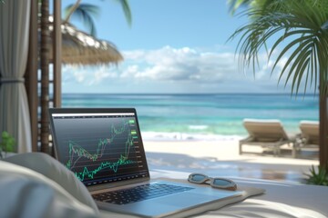 Laptop with stock market chart on tropical beach table. Outdoor photography with natural light. Remote work and travel concept