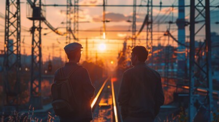 Two friends standing on railroad tracks at sunset