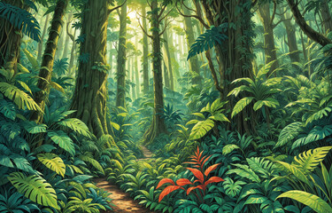  Lush Rainforest: Dense foliage, towering trees, and abundant wildlife. Landscape