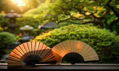 Serene Japanese Garden with Traditional Hand Fans in Sunset Light