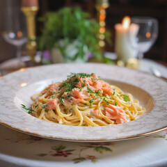 Pasta with smoked salmon and cream, homemade cuisine and traditional food, country life