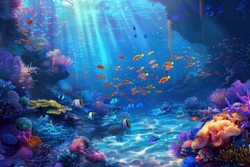 Underwater world. Colorful coral reef with tropical fishes. 3D rendering