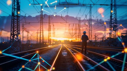 The image shows a railroad track with a worker standing in the middle. The sky is orange and the sun is setting. There are electrical wires and communication towers on both sides of the track. - Powered by Adobe