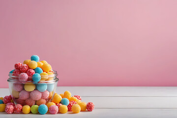 Candy and sweets in copy-space background concept, big blank space. Place to adding text blank copy space. Sweet Cotton Clouds