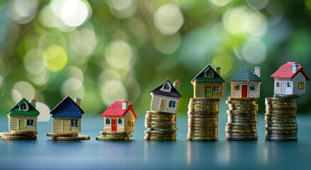 real estate market growth and property value, with small houses standing between stacks of coins, against blurred green background