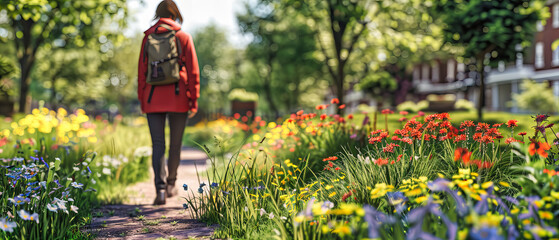 Woman in Red Dress Enjoying a Sunlit Field of Tulips, Fresh Spring Morning