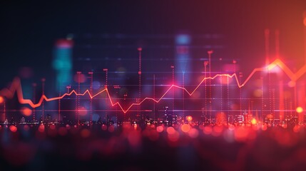 A red glowing graph rises and falls against a dark cityscape.