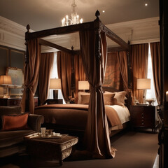 A luxurious master suite featuring an opulent four-poster bed draped in silk curtains set against walls painted in warm chocolate browns exuding elegance and comfort.