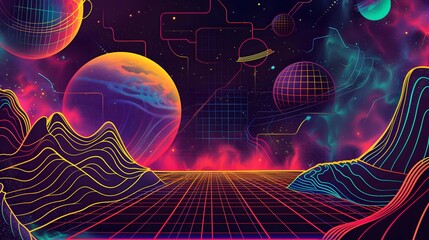 Abstract 1970's background design in futuristic retro style with colorful lines. Vector...