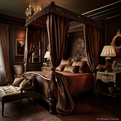 A luxurious master suite featuring an opulent four-poster bed draped in silk curtains set against walls painted in warm chocolate browns exuding elegance and comfort.