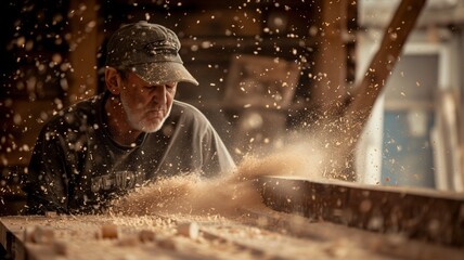Obraz premium carpenter's dedication and skill as he works with tools, inspired by documentary photography, focused on real-life moments