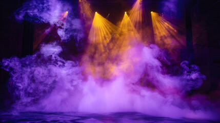 Fototapeta na wymiar A stage shrouded in electric violet smoke under a golden yellow spotlight, offering a bold, vibrant feel.