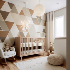 A modern nursery decorated in gender-neutral shades of browns accented by geometric patterns on the walls, plush rugs, and soft lighting for a calming atmosphere.