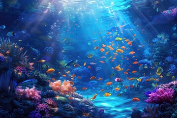Underwater view of tropical coral reef with fishes and corals.