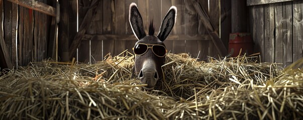 Stubborn with a smile: Donkey with aviator shades munches on hay in a charming summer barn. 3D illustration. - obrazy, fototapety, plakaty