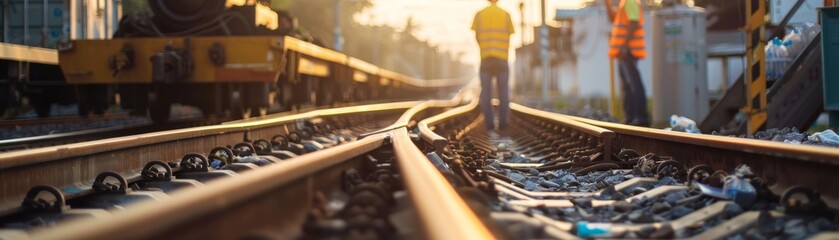 Railway tracks in the morning sun with a worker walking in the distance