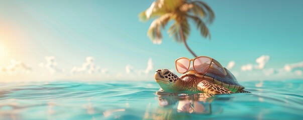 Content turtle in heart-shaped shades enjoys the sun on a tropical beach. Palm tree sways in the breeze. Summer fun. 3D illustration.