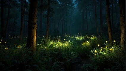 Fototapeta premium The tranquil glow of fireflies in a dense, impenetrable forest ai_generated
