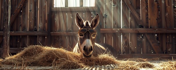 Rustic charm: Donkey with aviator sunglasses savors a pile of hay in a cozy summer barn. 3D art. - obrazy, fototapety, plakaty