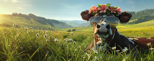 Contented cow with flower crown sunglasses chills in a vibrant summer meadow. Rolling hills in the distance. 3D rendering.