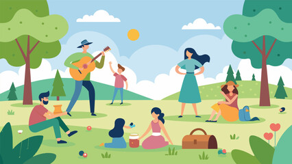 Obraz na płótnie Canvas A peaceful park scene with families picnicking and children dancing to the lively melodies of a street musicians banjo playing.. Vector illustration