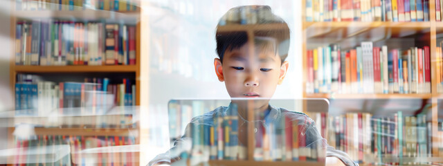 With focused determination, a small Asian boy immerses himself in the wonders of online education, expanding his horizons one click at a time. White background. Double exposure with bookcase.