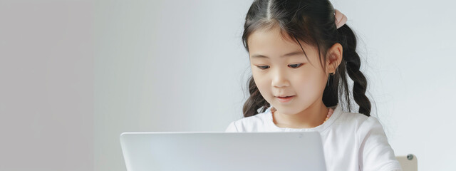 An Asian elementary school girl flourishes in the realm of modern education, harnessing the potential of a laptop to explore new frontiers of knowledge. Copy space. © Pink Badger