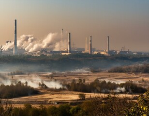 Fototapeta premium Dusty city landscape pollutes the atmosphere
