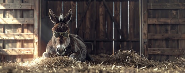 Barnyard feast: Independent donkey with aviator sunglasses enjoys a summer hay lunch in a rustic barn. 3D rendering. - obrazy, fototapety, plakaty