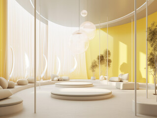 A serene meditation space with futuristic design elements and soft yellow accents, creating a tranquil oasis for mindfulness practice.