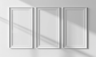 A trio of empty white frames on a plain wall, waiting for art. Generate AI