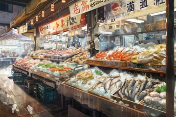 Obraz premium Gourmet seafood extravaganza: A bustling market brimming with a tantalizing assortment of fresh catches from the sea