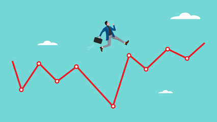 Overcoming financial problems in business or investment with businessman jumping over falling financial graph, creative idea or solution to solve problem, business challenge concept