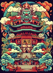 Naklejka premium Colorful poster with Chinese motifs and illustrations, Poster for festival