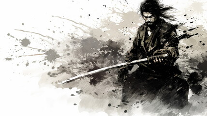 An ink painting depicting a Japanese samurai	