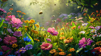 bees in flight above field of colorful flowers. Concept spring summer. 