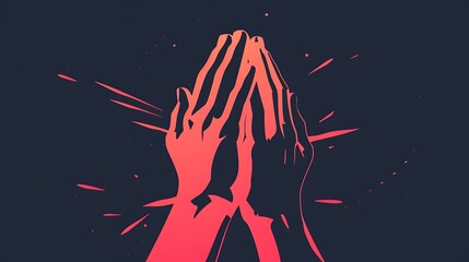 Woodcut-style illustration. Faith. A pair of praying hands in red. The background is black.