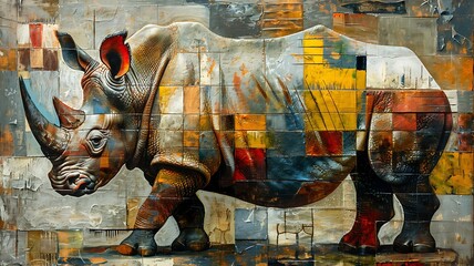 Fototapeta premium A full-body side view illustration of a rhinoceros. It's rendered in a retro style with mixed colorful blocks. 