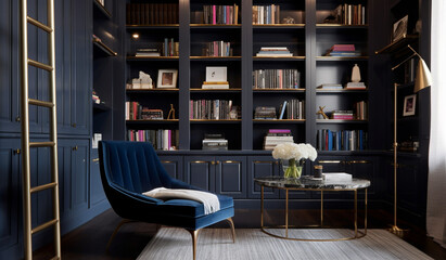 A sophisticated library with built-in navy blue bookshelves, a velvet reading chair, and brass accents